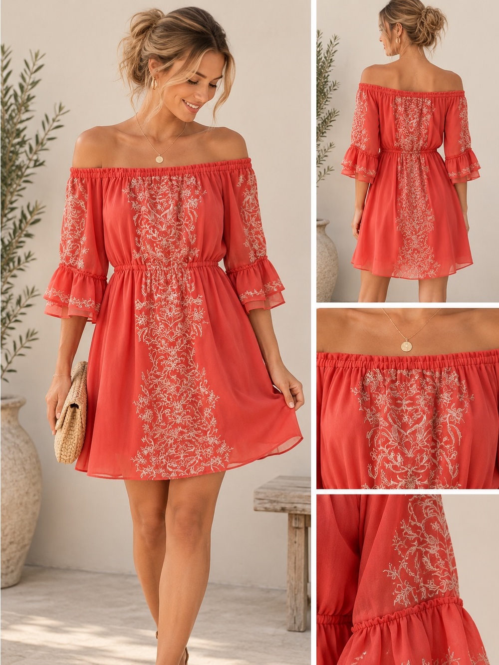 White House Black Market Off-Shoulder Coral and silver Embroidered Women's Dress